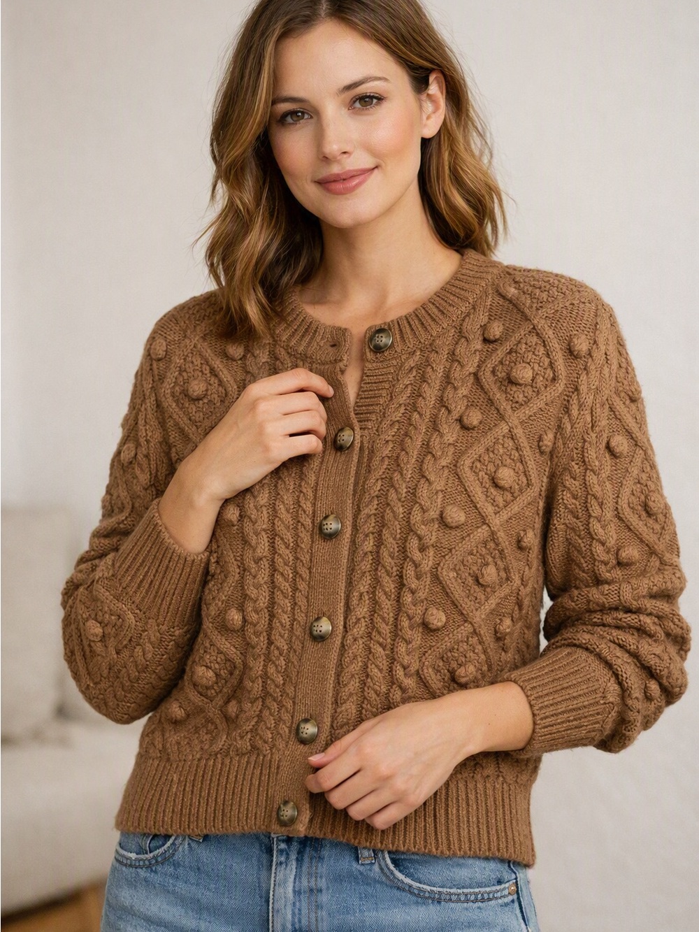 Wilfred Aritzia Chunky Cable Knit Pom Pom Button Up Cardigan Brown Small